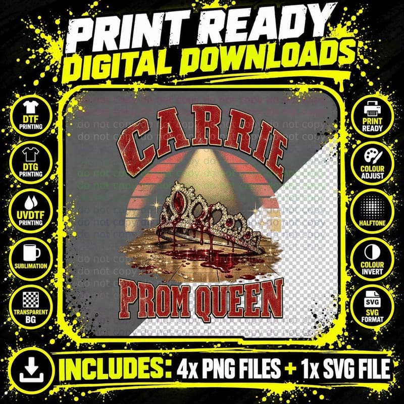 Prom Queen Bloody Crystal Tiara Spotlight Telekinetic Retro 70s Horror T-Shirt Png SVG Digital Bundle