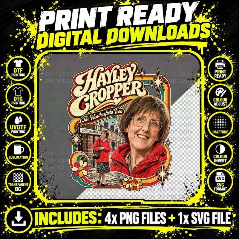 Hayley Cropper The Weatherfield Icon Cobbled Street Retro British Soap T-Shirt Png SVG Digital Bundle