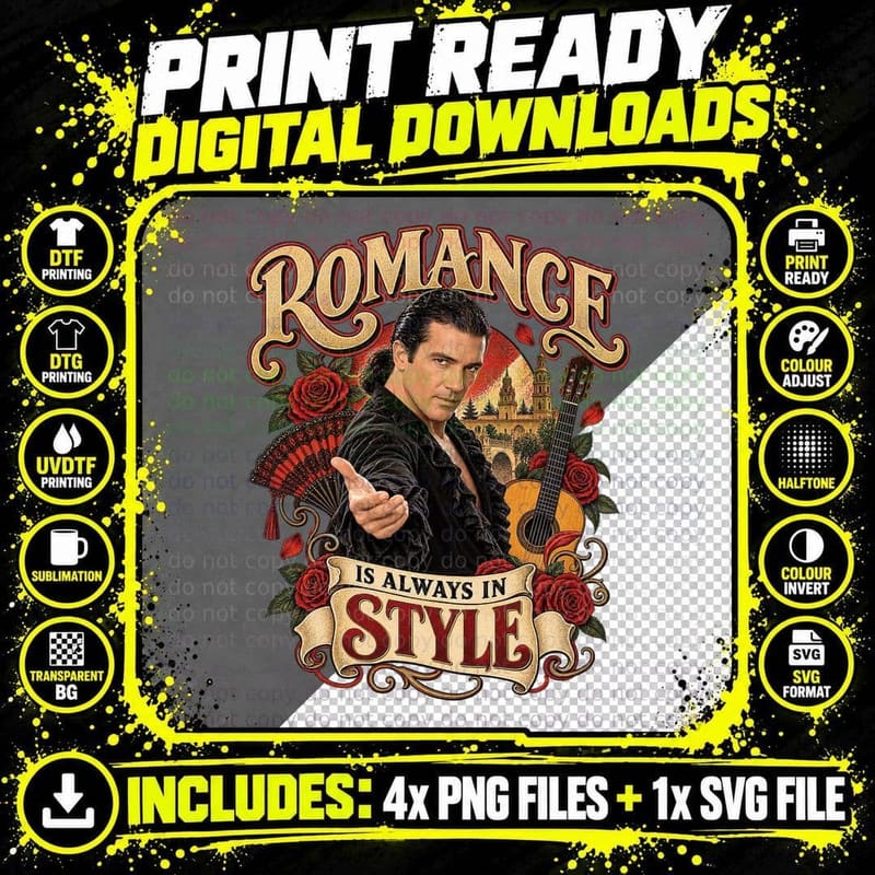 Romance Is Always in Style Antonio Spanish Heartthrob Flamenco Guitar T-Shirt Png SVG Digital Bundle