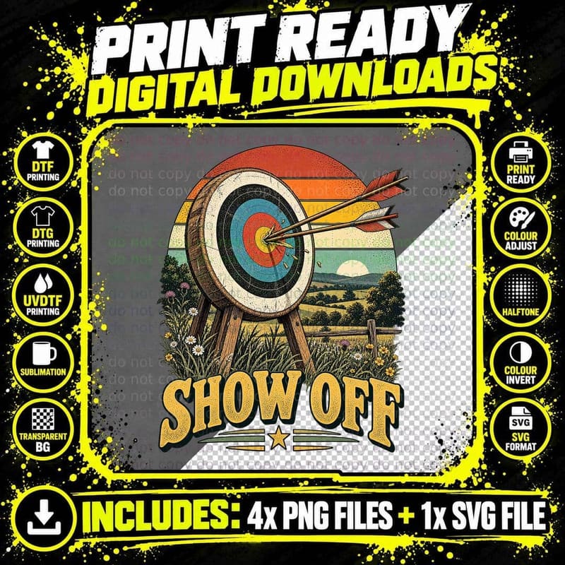 Show Off Archery Target Bullseye Arrows Funny Archer Retro Sunset T-Shirt Png SVG Digital Bundle