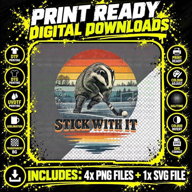 Stick With It Badger Field Hockey Player Funny Animal Retro Sunset T-Shirt Png SVG Digital Bundle