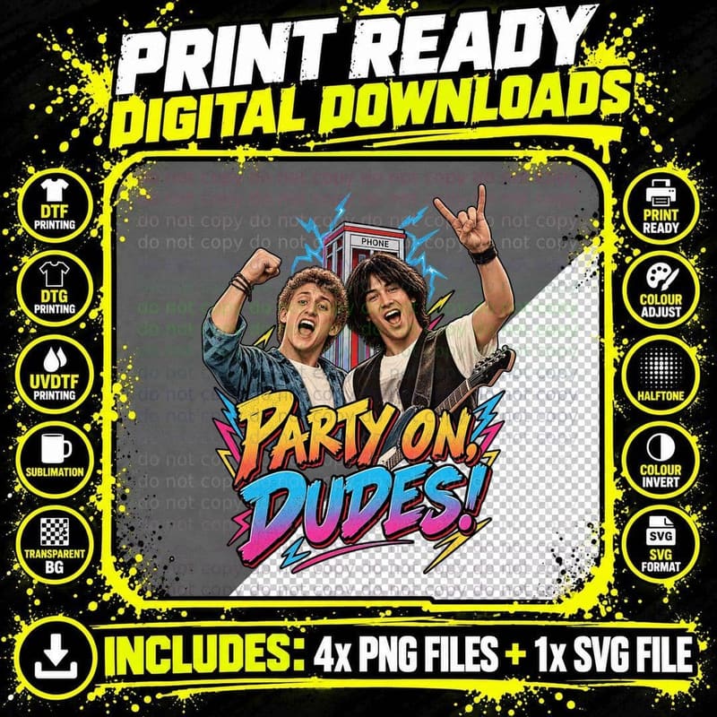 Party On Dudes 80s Time Travel Comedy Phone Booth Air Guitar Retro Movie T-Shirt Png SVG Digital Bundle