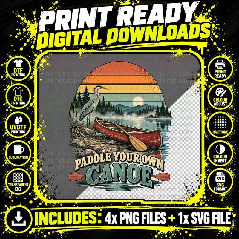 Paddle Your Own Canoe Heron Misty Lake Canoeing Kayaking Retro Sunset T-Shirt Png SVG Digital Bundle