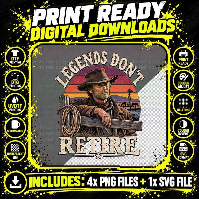 Clint Eastwood Cowboy Retro Western Ranch Legend Vintage Png SVG Digital Bundle
