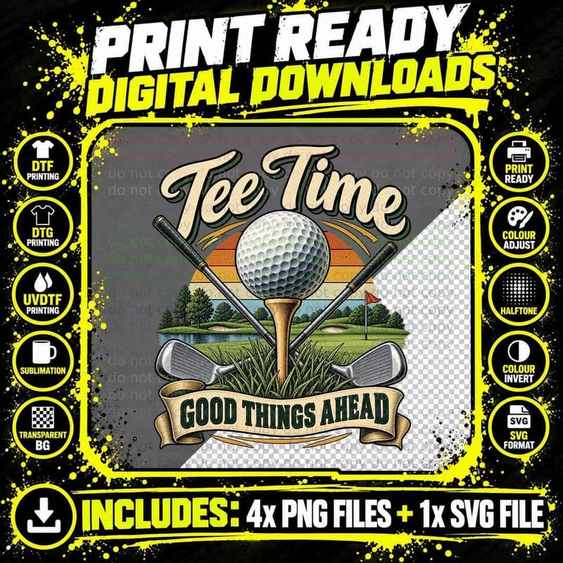 Tee Time Good Things Ahead Golf Ball Crossed Clubs Funny Golfer Retro T-Shirt Png SVG Digital Bundle