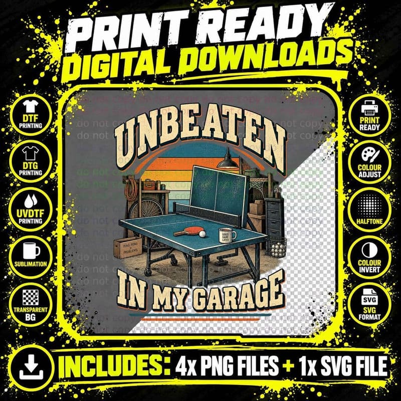 Unbeaten in My Garage Table Tennis Ping Pong Champion Funny Retro T-Shirt Png SVG Digital Bundle