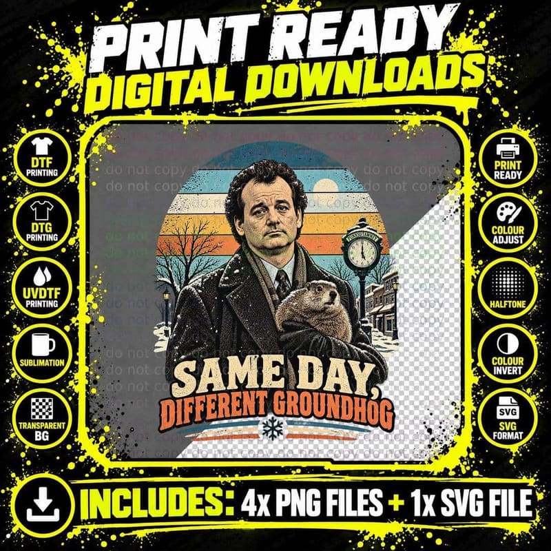 Same Day Different Groundhog Phil Weatherman Time Loop Comedy Movie T-Shirt Png SVG Digital Bundle