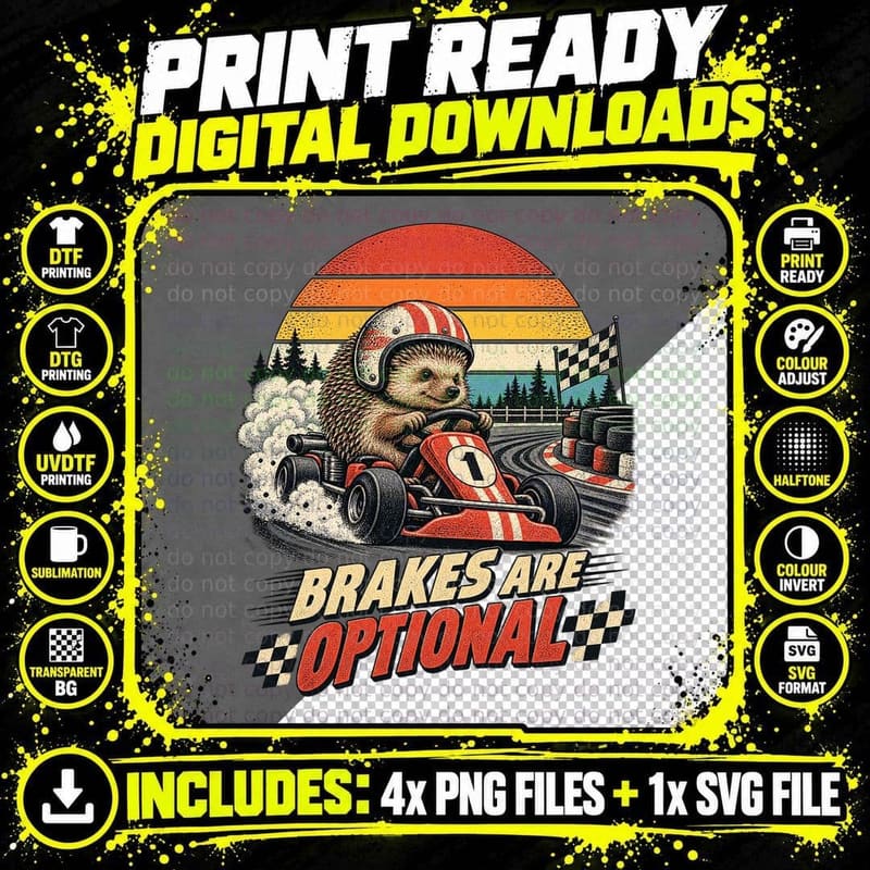 Brakes Are Optional Hedgehog Racing Go Kart Chequered Flag Funny Retro T-Shirt Png SVG Digital Bundle