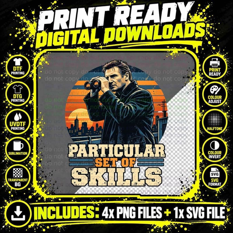 Particular Set of Skills Liam Binoculars City Skyline Action Thriller T-Shirt Png SVG Digital Bundle