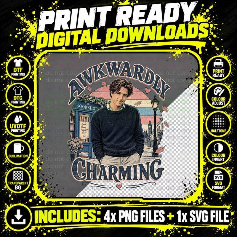 Awkwardly Charming Hugh Navy Jumper London Bookshop 90s Romantic Comedy T-Shirt Png SVG Digital Bundle