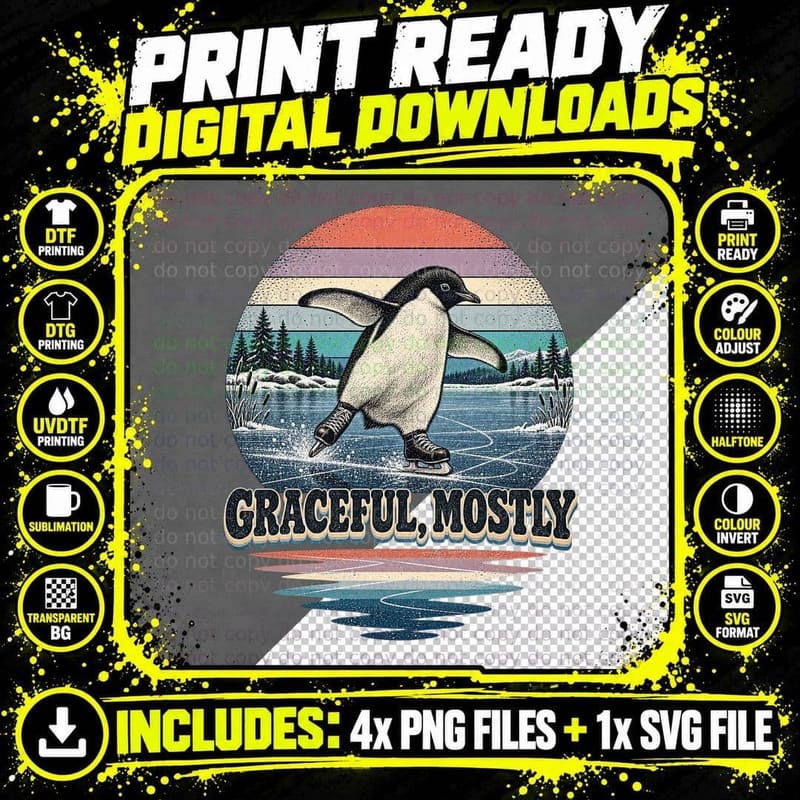 Graceful Mostly Penguin Ice Skating Snowy Lake Funny Skater Retro Sunset T-Shirt Png SVG Digital Bundle