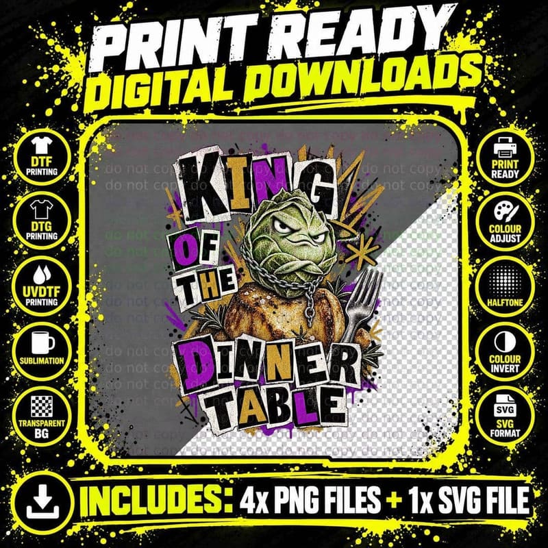 King Of The Dinner Table Punk Brussels Sprout Chained Christmas Grunge T-Shirt Png SVG Digital Bundle