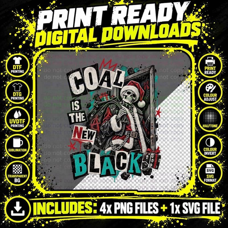 Coal Is The New Black Punk Skeleton Santa Funny Goth Christmas Grunge T-Shirt Png SVG Digital Bundle