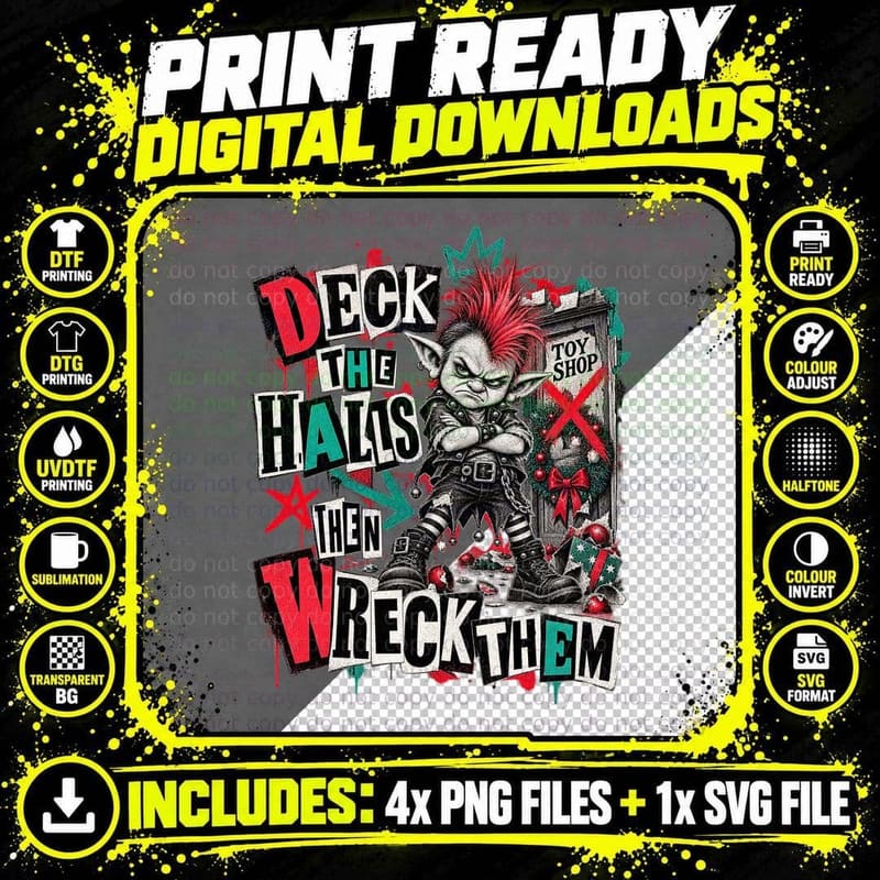 Deck The Halls Then Wreck Them Punk Elf Red Mohawk Christmas Grunge T-Shirt Png SVG Digital Bundle