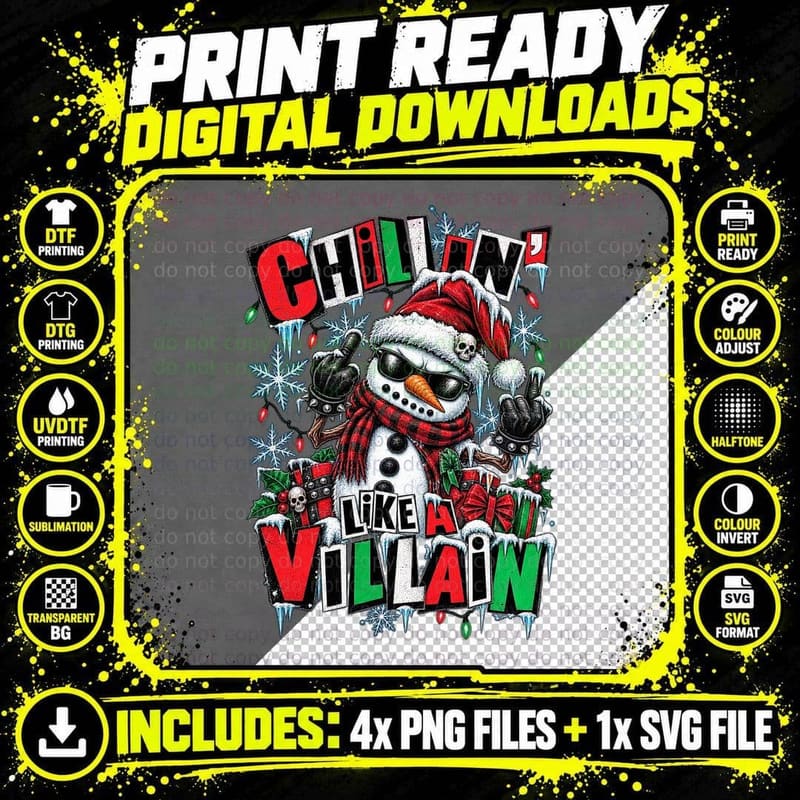 Chillin Like A Villain Punk Snowman Sunglasses Santa Hat Xmas Grunge T-Shirt Png SVG Digital Bundle