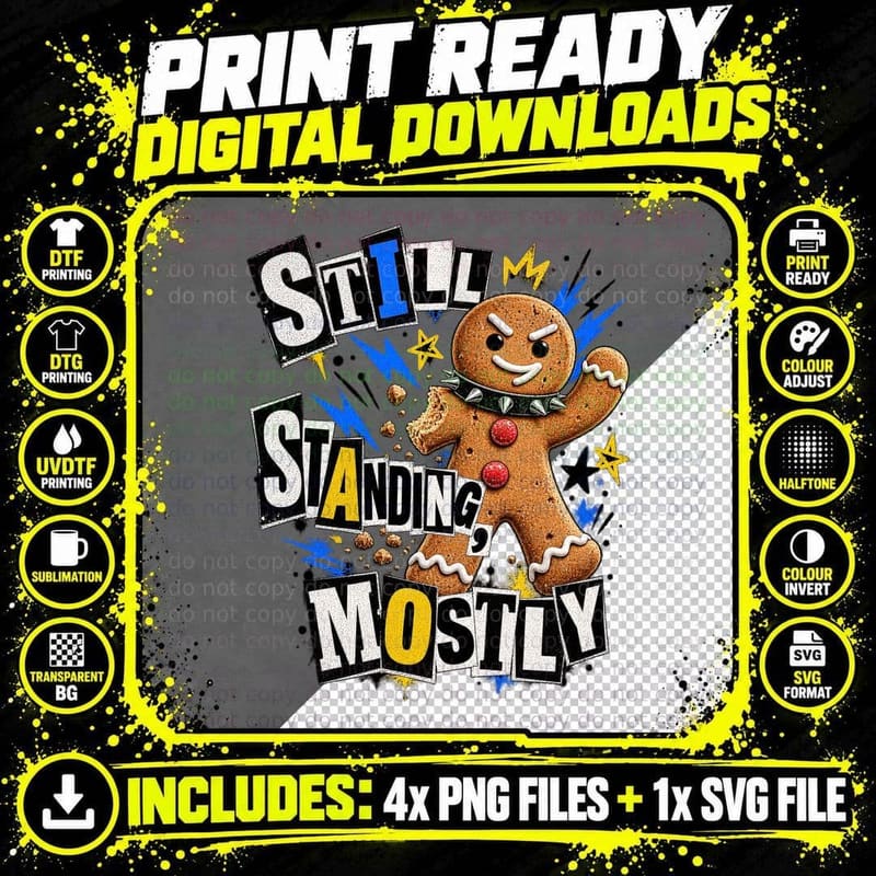 Still Standing Mostly Punk Gingerbread Man Bitten Funny Christmas Grunge T-Shirt Png SVG Digital Bundle
