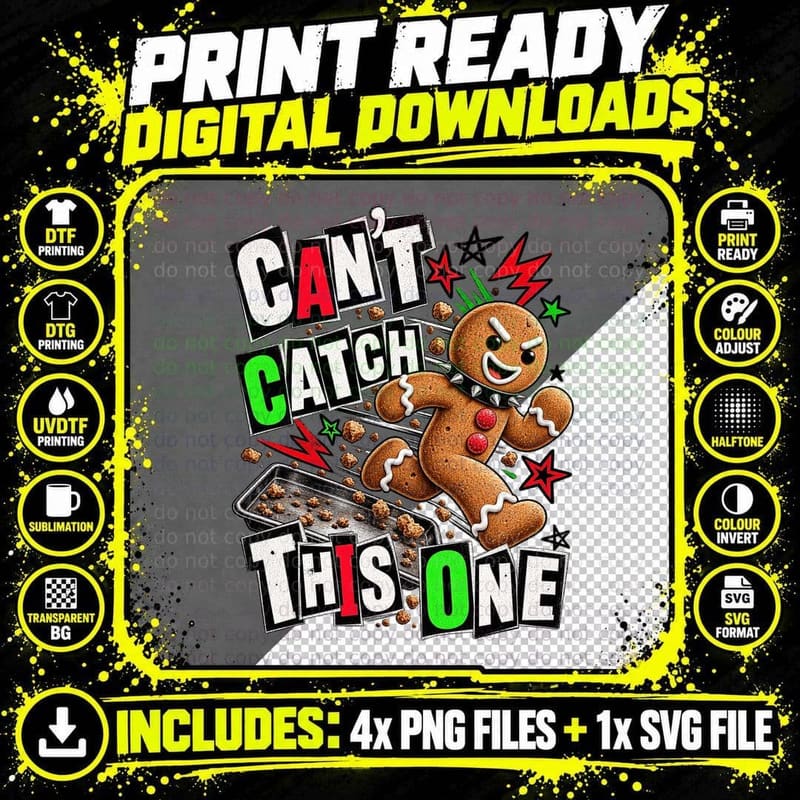 Can't Catch This One Punk Gingerbread Man Running Funny Christmas Cookie T-Shirt Png SVG Digital Bundle