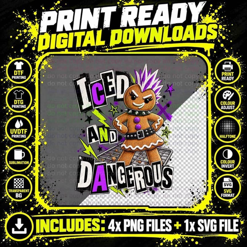 Iced And Dangerous Punk Gingerbread Woman Purple Mohawk Christmas Cookie T-Shirt Png SVG Digital Bundle