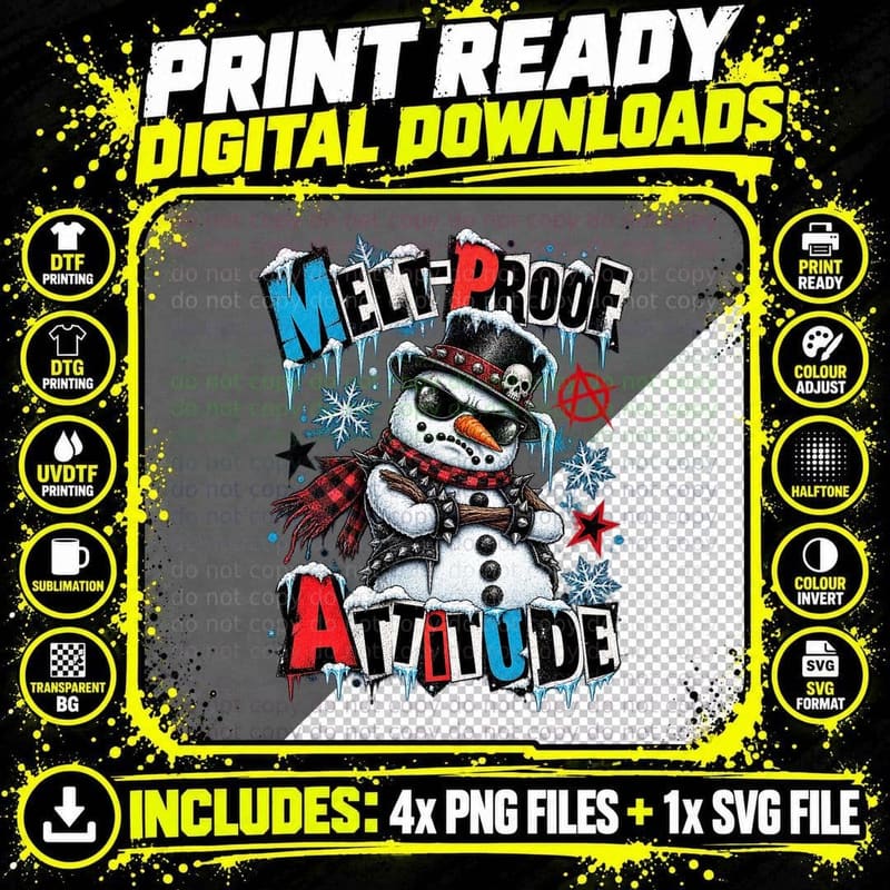 Melt Proof Attitude Punk Snowman Top Hat Sunglasses Christmas Grunge T-Shirt Png SVG Digital Bundle
