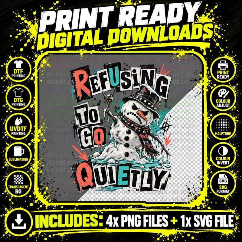 Refusing To Go Quietly Melting Punk Snowman Spiked Top Hat Christmas T-Shirt Png SVG Digital Bundle