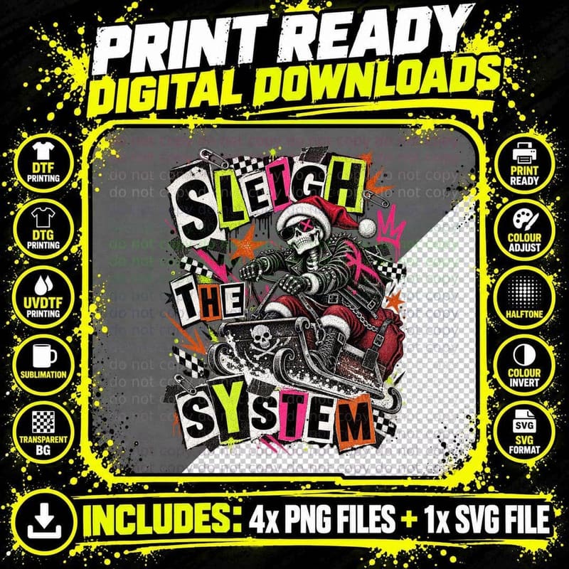 Sleigh The System Punk Skeleton Santa Riding Sled Goth Christmas Grunge T-Shirt Png SVG Digital Bundle