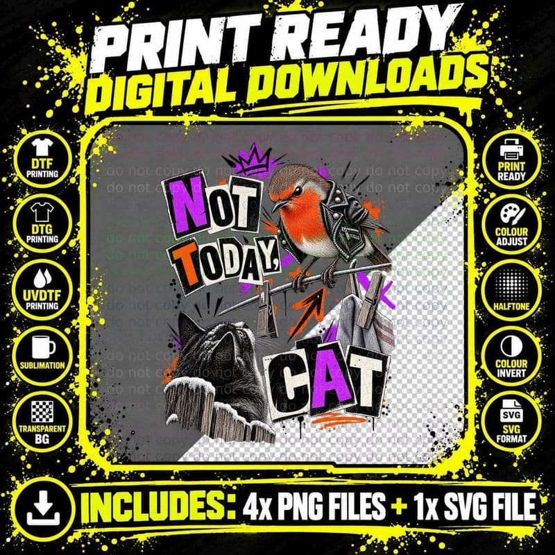 Not Today Cat Punk Robin Leather Jacket Washing Line Funny Christmas T-Shirt Png SVG Digital Bundle