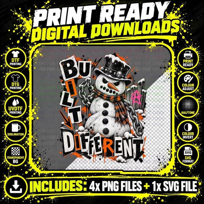 Built Different Punk Snowman Chains Skull Top Hat Christmas Grunge T-Shirt Png SVG Digital Bundle