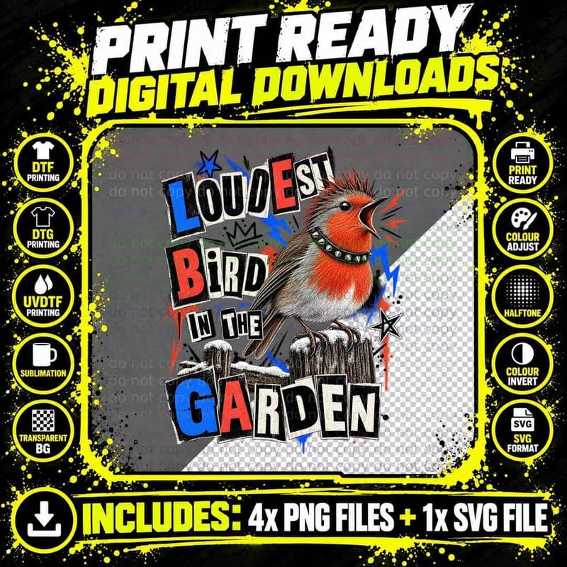 Loudest Bird In The Garden Punk Robin Spiky Crest Studded Christmas T-Shirt Png SVG Digital Bundle