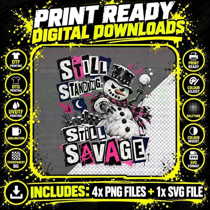 Snowman Still Standing And Savage Punk Spiked Top Hat Christmas Grunge T-Shirt Png SVG Digital Bundle