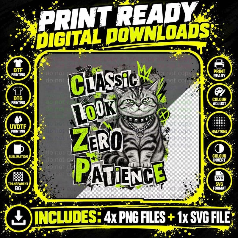 American Shorthair Classic Look Zero Patience Punk Rock Tabby Cat T-Shirt Png SVG Digital Bundle