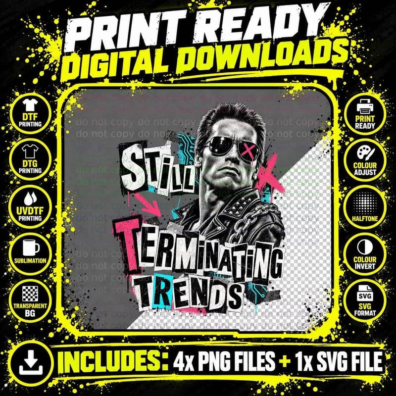 Arnold Still Terminating Trends Punk Rock Ransom Note 80s Cyborg Movie T-Shirt Png SVG Digital Bundle