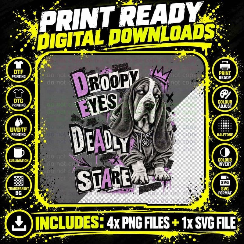 Basset Hound Droopy Eyes Deadly Stare Punk Rock Ransom Note Dog Lover T-Shirt Png SVG Digital Bundle