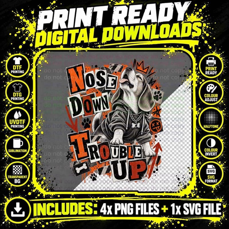 Beagle Nose Down Trouble Up Punk Rock Ransom Note Funny Dog Lover T-Shirt Png SVG Digital Bundle