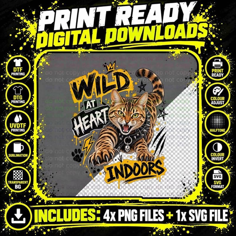 Bengal Wild At Heart Indoors Punk Rock Ransom Note Funny Cat Lover T-Shirt Png SVG Digital Bundle