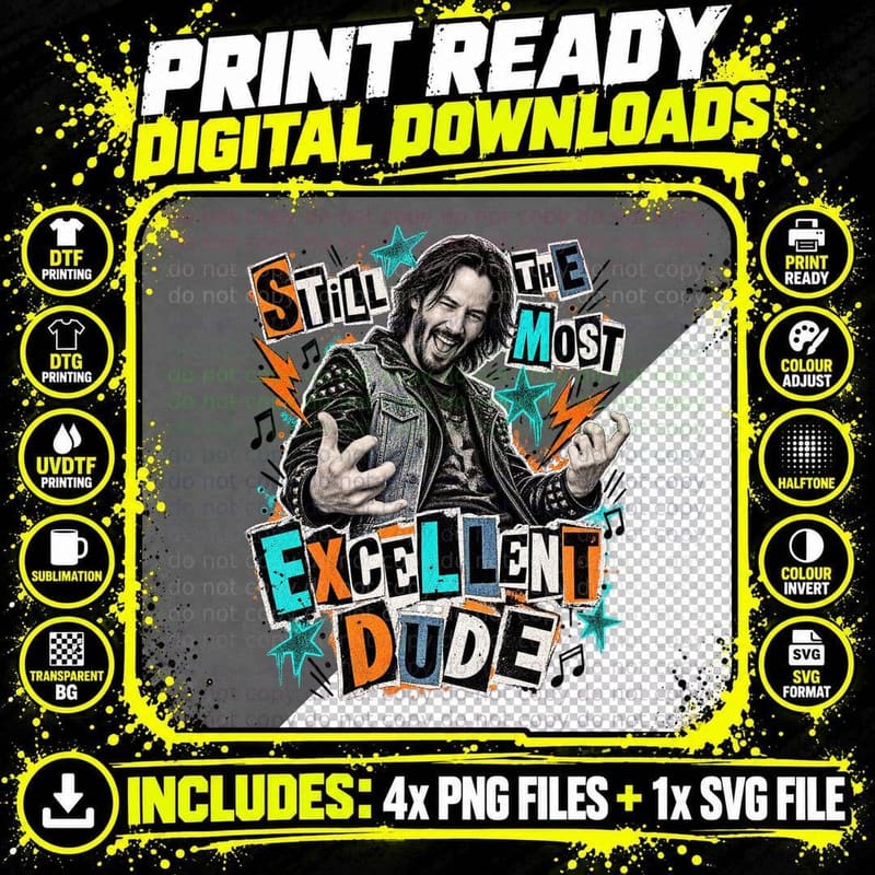 Keanu Still The Most Excellent Dude Punk Rock Air Guitar 80s Comedy T-Shirt Png SVG Digital Bundle
