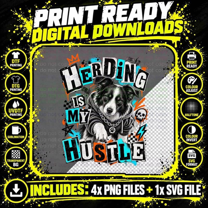 Border Collie Herding Is My Hustle Punk Rock Ransom Note Sheepdog Lover T-Shirt Png SVG Digital Bundle