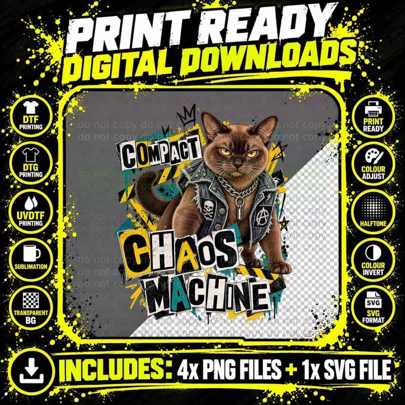 Burmese Compact Chaos Machine Punk Rock Ransom Note Denim Vest Cat T-Shirt Png SVG Digital Bundle