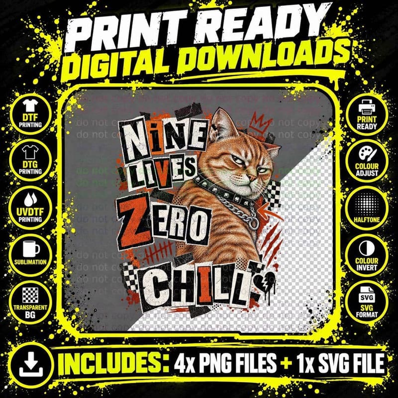 Ginger Tom Nine Lives Zero Chill Punk Rock Ransom Note Funny Cat Lover T-Shirt Png SVG Digital Bundle