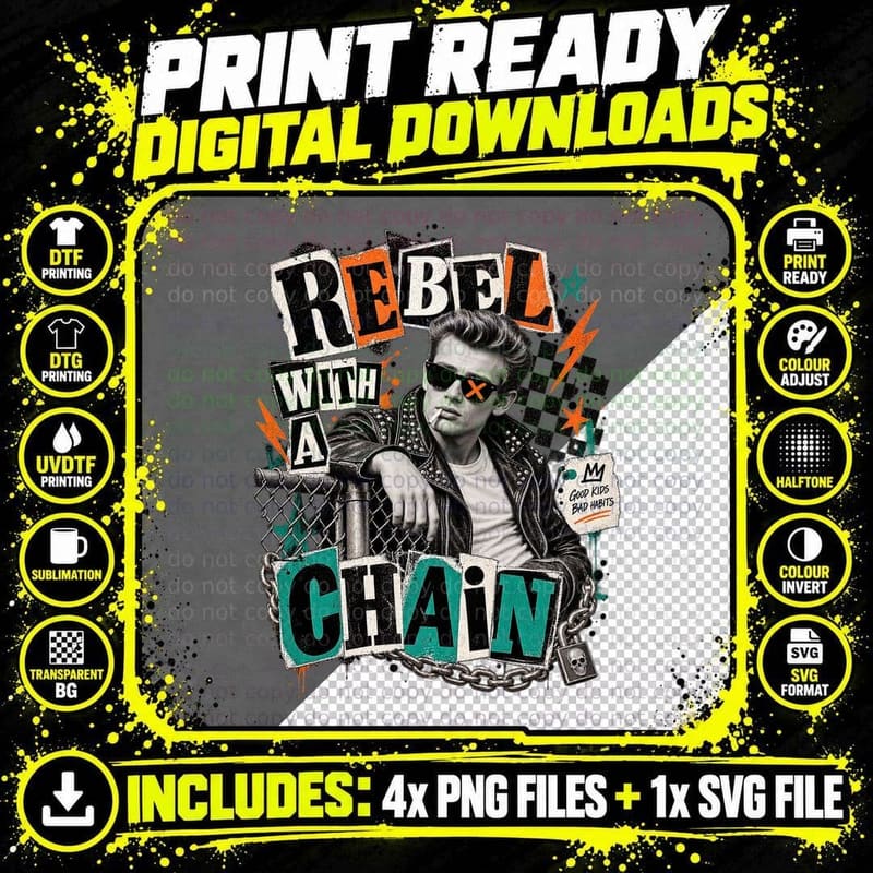 Dean Rebel With A Chain Punk Rock Ransom Note 50s Cool Actor Retro T-Shirt Png SVG Digital Bundle