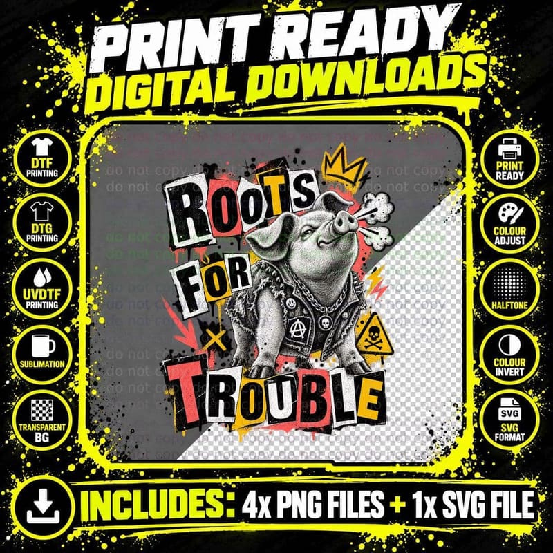 Pig Roots For Trouble Punk Rock Ransom Note Grunge Funny Farm Animal T-Shirt Png SVG Digital Bundle