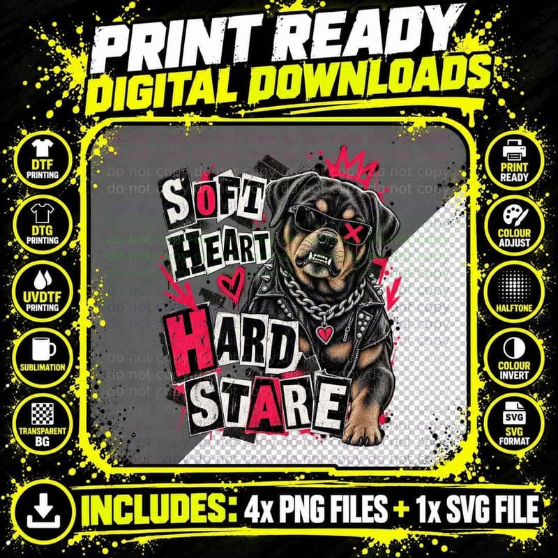 Rottweiler Soft Heart Hard Stare Punk Rock Ransom Note Grunge Dog Lover T-Shirt Png SVG Digital Bundle