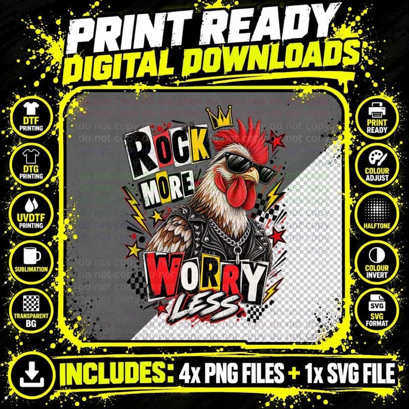 Rooster Rock More Worry Less Punk Ransom Note Backyard Chicken Lover T-Shirt Png SVG Digital Bundle