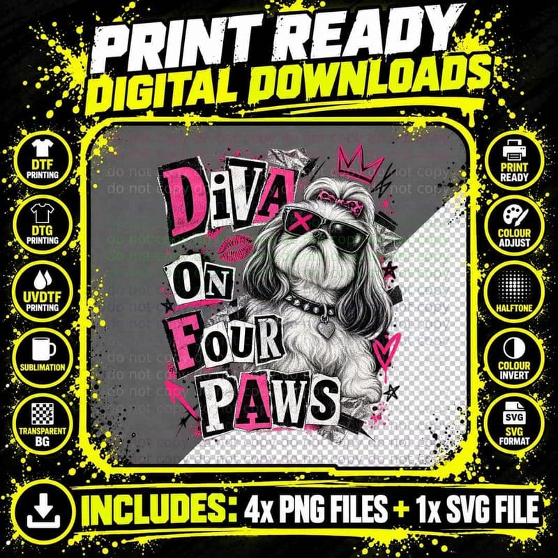 Shih Tzu Diva On Four Paws Punk Rock Ransom Note Grunge Funny Dog Lover T-Shirt Png SVG Digital Bundle