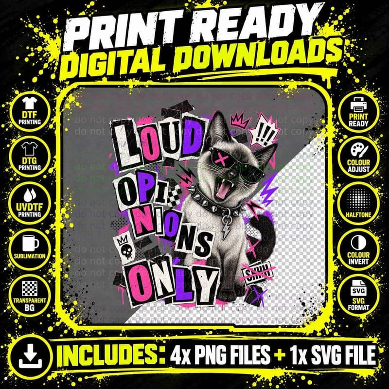 Siamese Loud Opinions Only Punk Rock Ransom Note Goth Funny Cat Lover T-Shirt Png SVG Digital Bundle