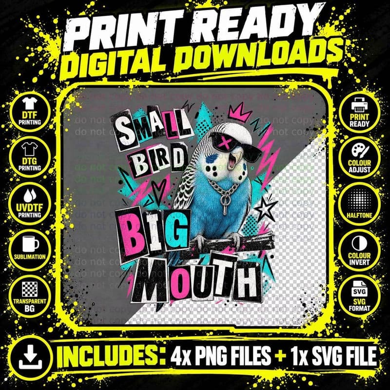Budgie Small Bird Big Mouth Punk Rock Ransom Note Funny Parakeet Lover T-Shirt Png SVG Digital Bundle
