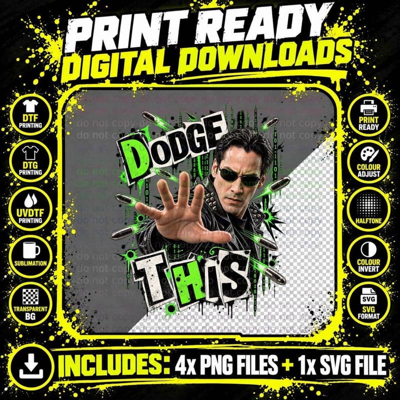 Neo Punk Rock Keanu Green Code Bullet Time Sci Fi Movie Hacker Quote T-Shirt Png SVG Digital Bundle