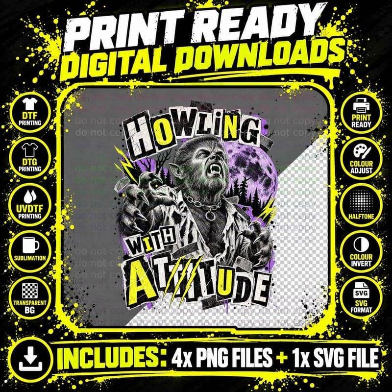 Werewolf Howling With Attitude Punk Rock Ransom Note Full Moon Horror T-Shirt Png SVG Digital Bundle