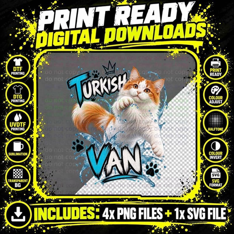 Turkish Van Swimming Cat Water Splash Cute Fluffy Orange Kitten T-Shirt Png SVG Digital Bundle
