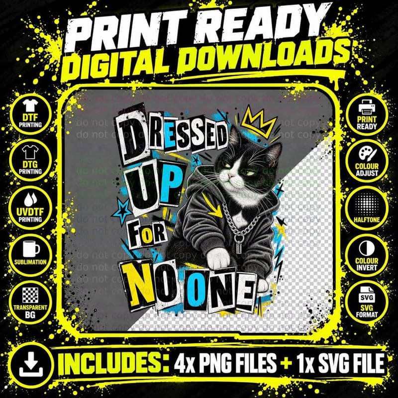 Tuxedo Cat Dressed Up For No One Punk Rock Ransom Note Funny Kitty T-Shirt Png SVG Digital Bundle