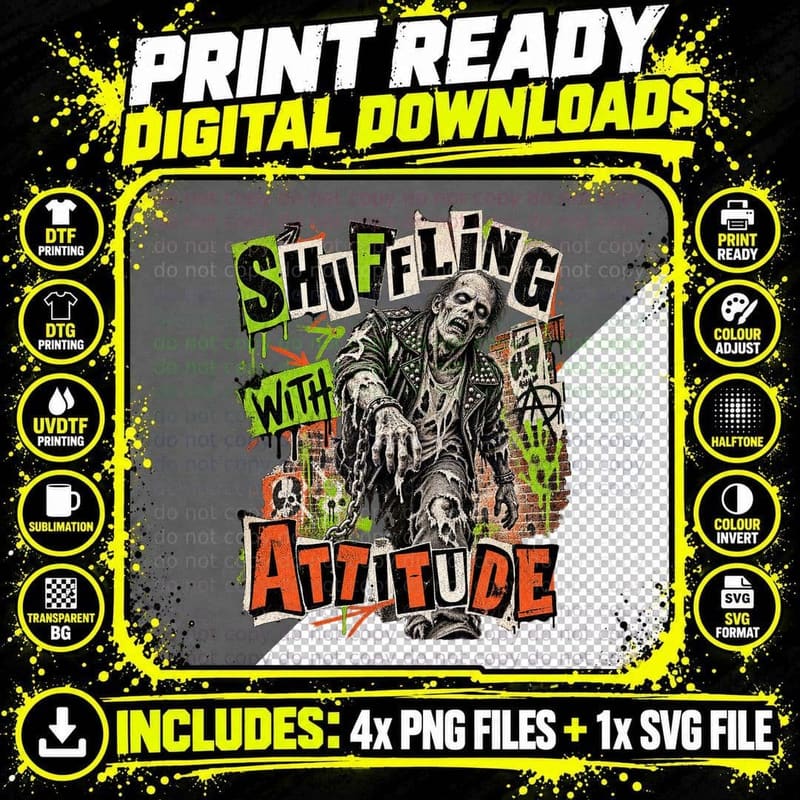 Zombie Shuffling With Attitude Punk Rock Ransom Note Horror Graffiti T-Shirt Png SVG Digital Bundle
